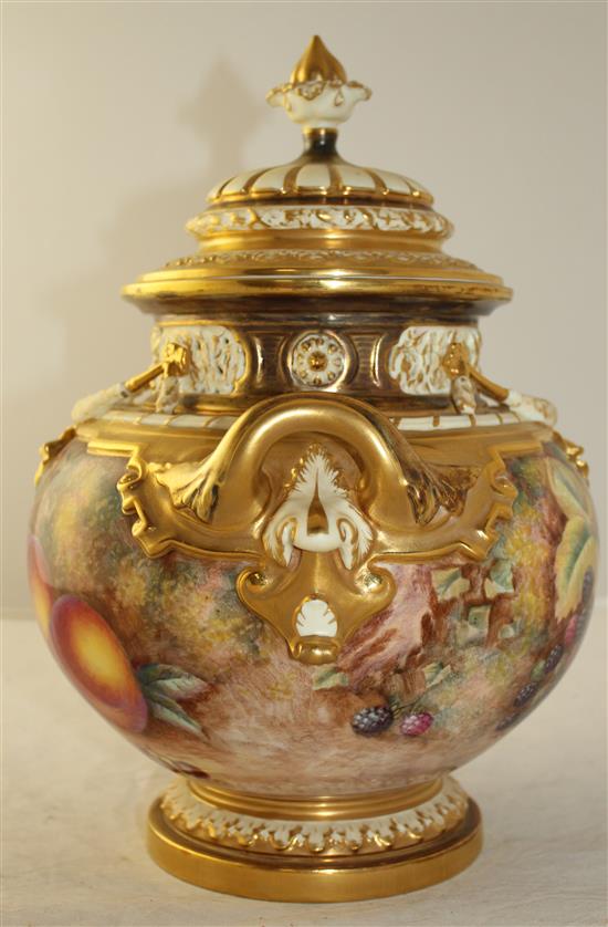 A Royal Worcester fruit painted pot pourri urn and cover, signed H.Ayrton, post-war, 30cm